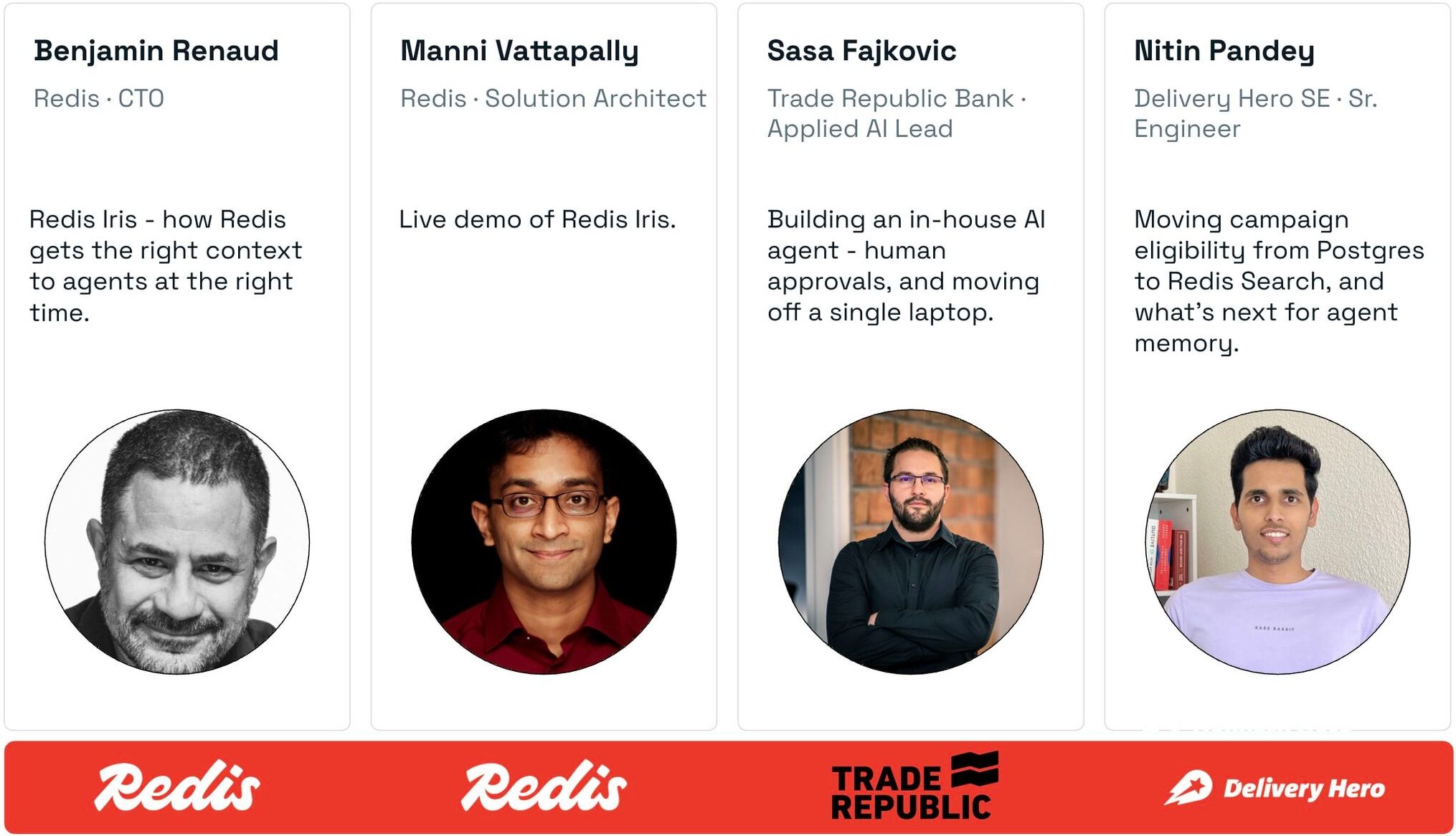 Redis speaker announcement for the Munich roadshow with Benjamin Renaud, Manni Vattapally, Sasa Fajkovic and Nitin Pandey, each with a session summary