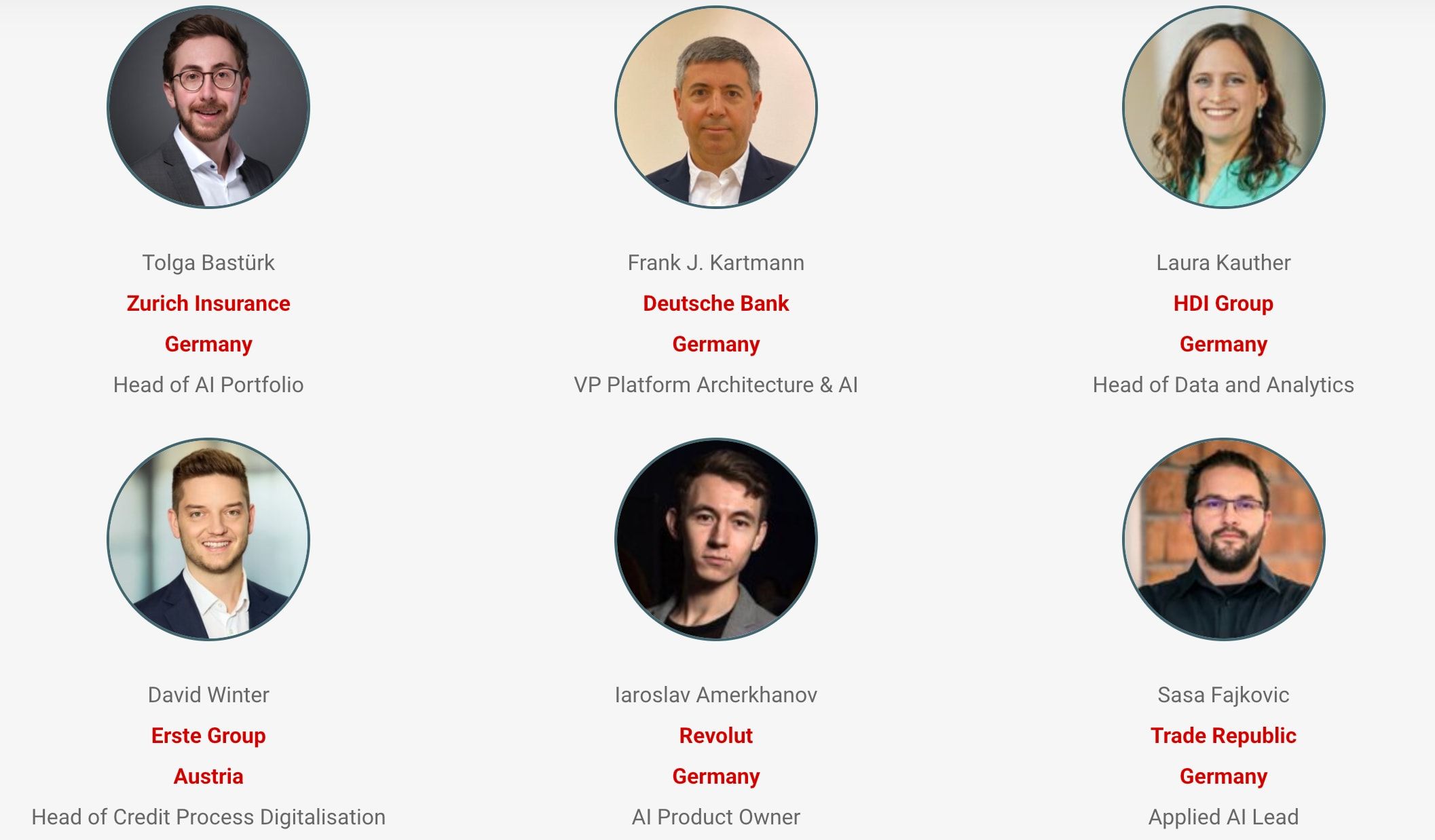 Speaker grid on the PB Conferences website with six speakers, including Sasa Fajkovic, Applied AI Lead at Trade Republic
