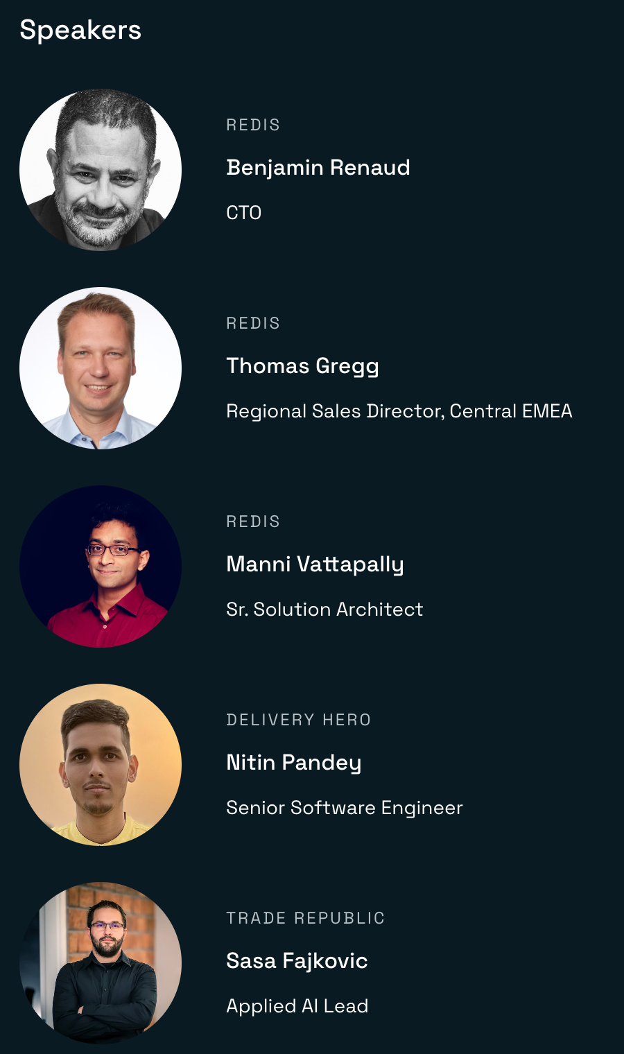 Speaker list on the Redis event page for Context is everything in Munich, ending with Sasa Fajkovic, Applied AI Lead at Trade Republic