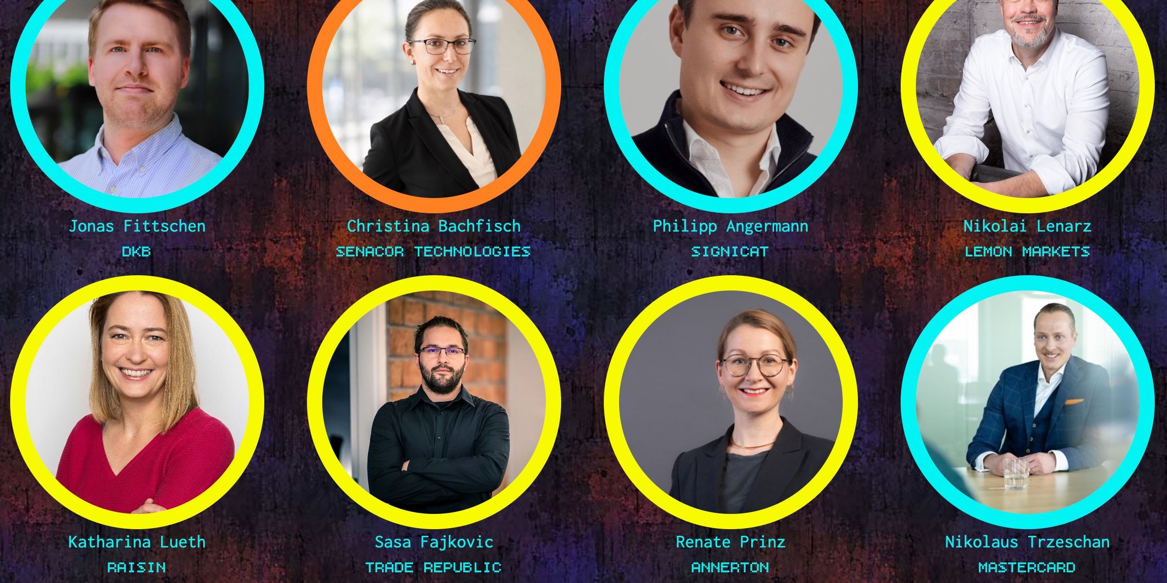 Speaker grid on the Banking Exchange website with eight speakers, including Sasa Fajkovic of Trade Republic