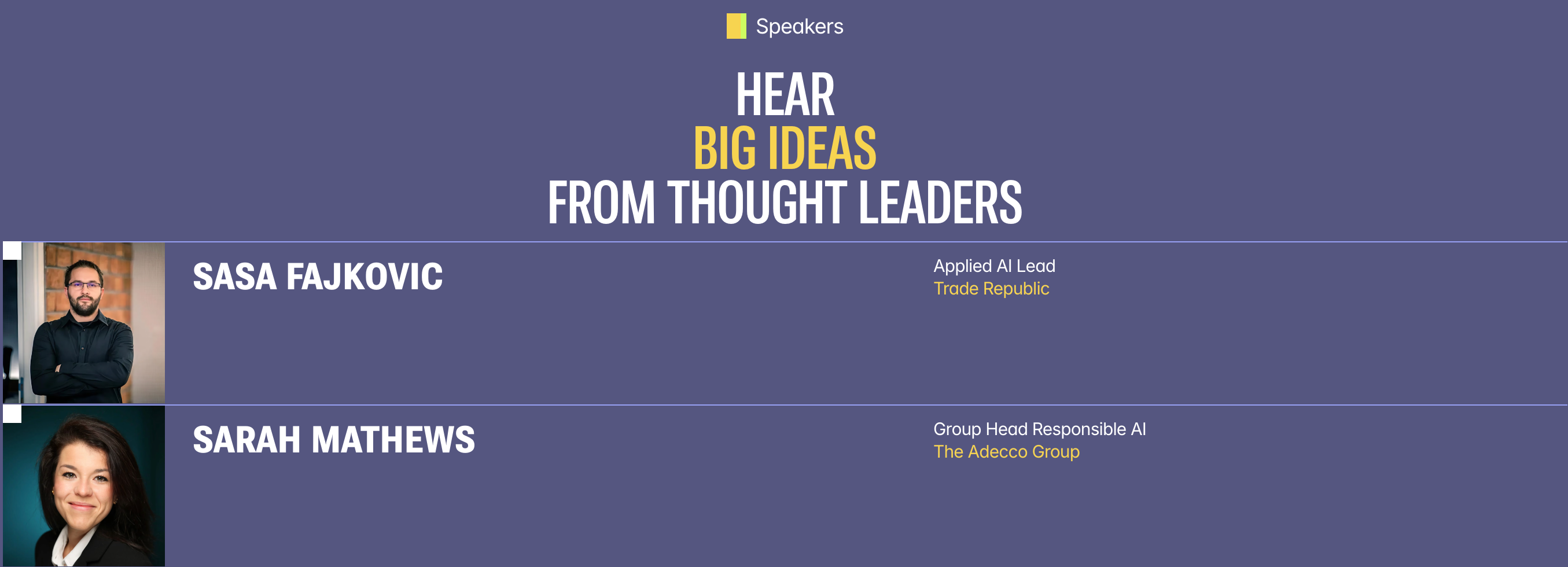 Speakers section of the GenAI Berlin website, listing Sasa Fajkovic, Applied AI Lead at Trade Republic, and Sarah Mathews of The Adecco Group