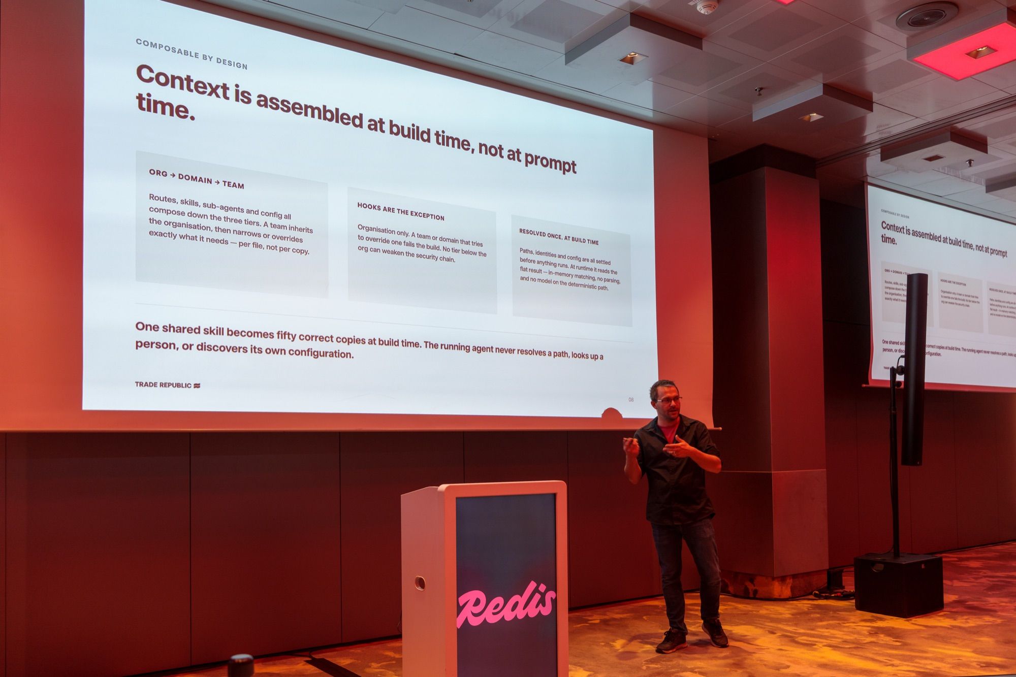 Sasa Fajkovic explaining a slide titled “Context is assembled at build time, not at prompt time.” at the Redis AI Roadshow in Munich