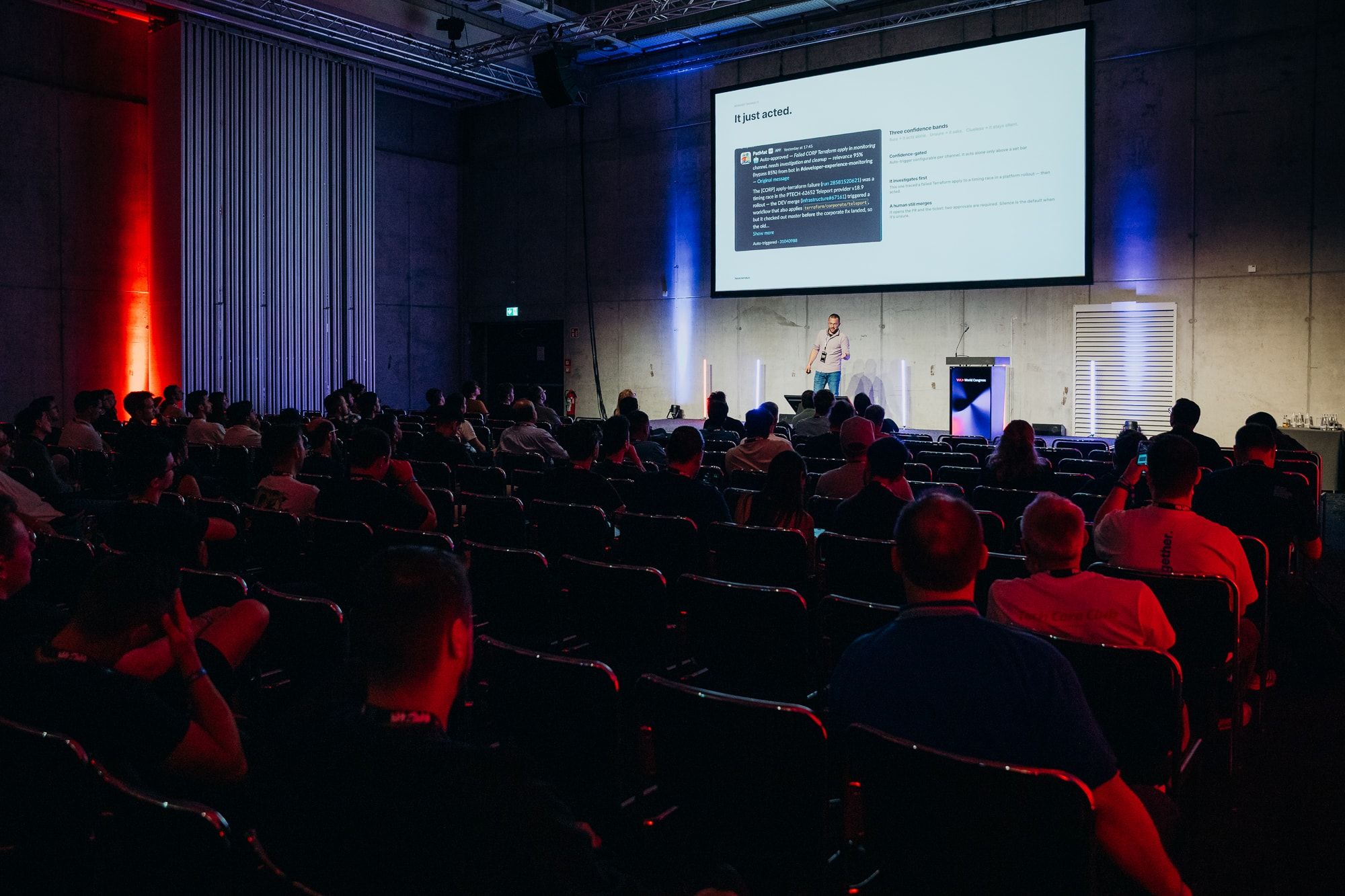 Wide view of a full hall at WeAreDevelopers World Congress 2026, with Sasa Fajkovic presenting on stage under a large projected slide