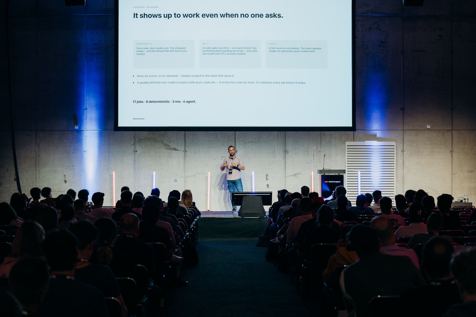 Sasa Fajkovic presenting below a slide titled “It shows up to work even when no one asks” at WeAreDevelopers World Congress 2026, seen over the audience